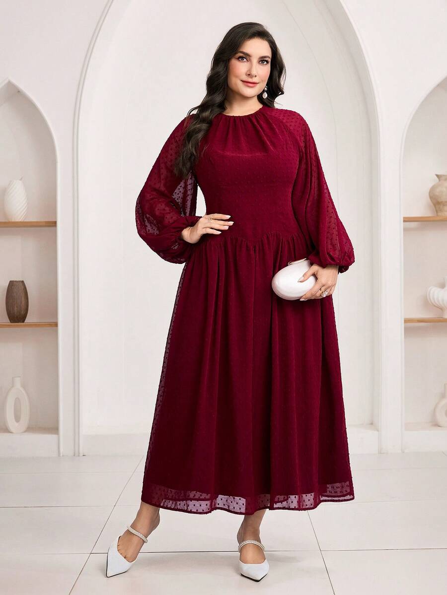 Veilorie Plus Size Solid Color Minimalist Long Sleeve Casual Dress - Burgundy - View 1