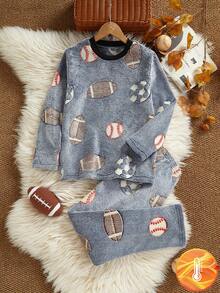 2件套青少年男童休闲足球图案长袖上衣和裤子家居服套装，灰色 - 彩色 - 查看 1