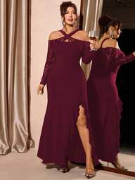 Cravure Plus Size Women Contrast Lace Off Shoulder Long Sleeve Split Hem Fitted Elegant Dress