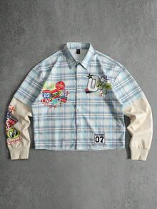ROMWE MEN Chemise à manches longues ample pour hommes 2 en 1 à carreaux avec manches à double couche - Bleu azur - Voir 1