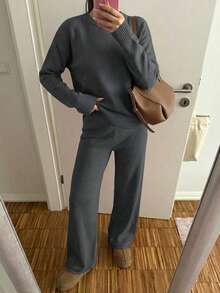 SHEIN EZwear Conjunto casual regular de mujer compuesto por suéter de cuello redondo de unicolor de manga larga y pantalones largos, para otoño/invierno