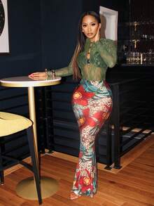 Mistrie Body sexy de manga larga con espalda descubierta y diseño calado - Verde Oscuro - Ver 4