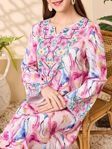 SHEIN 少女休闲度假碎花V领长袖连衣裙 - 彩色 - 查看 8