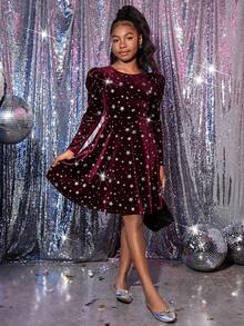 SHEIN Tween 女童休闲宽松羊毛长袖连衣裙