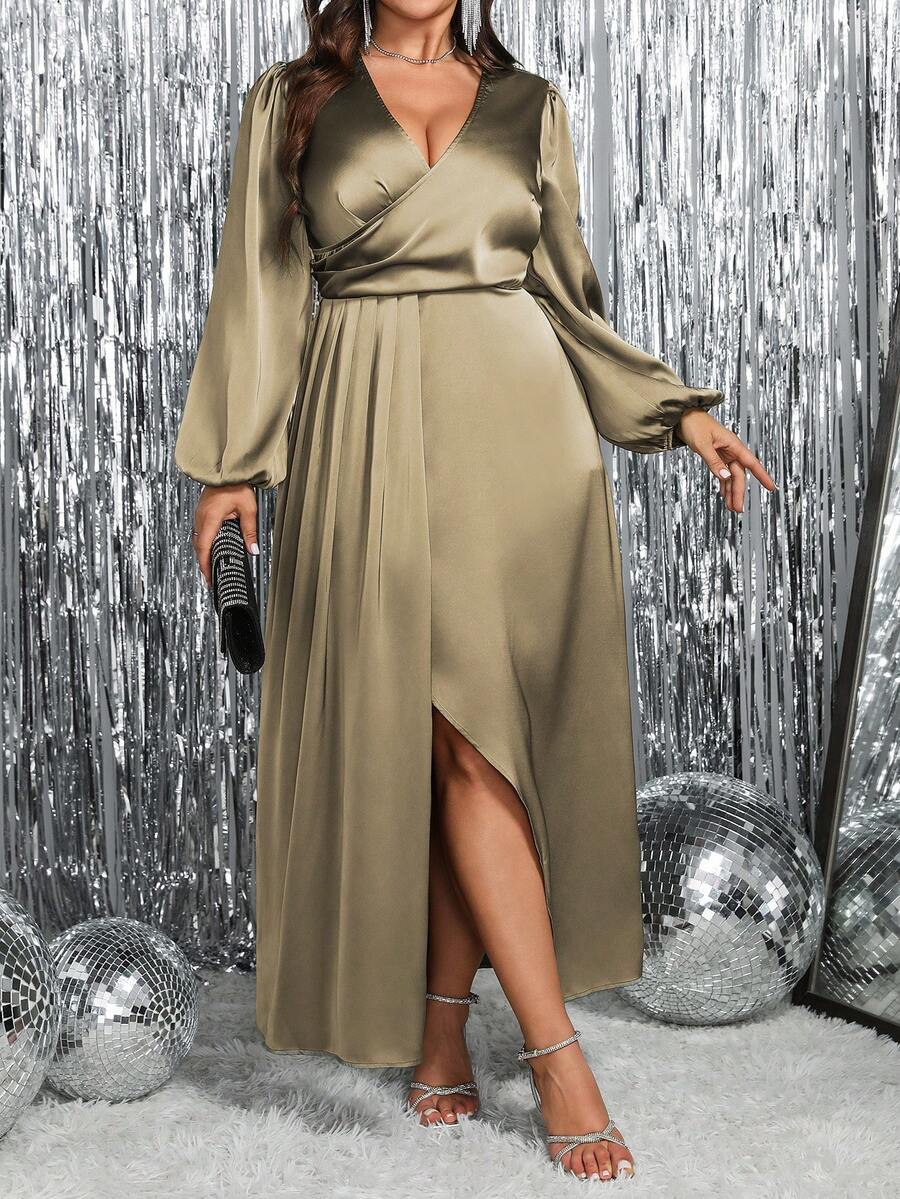 Roveilla 1件女士加大码纯色缎面优雅奢华派对宴会生日礼服，交叉裹身式上身，褶皱下摆，高开衩V领灯笼袖长款女装 - 卡其色 - 查看 1