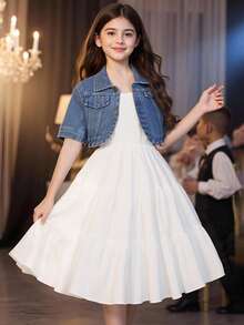 SHEIN Tween Girl Summer Daily Casual Denim Jacket And White Dress 2pcs/Set - Multicolor - View 1