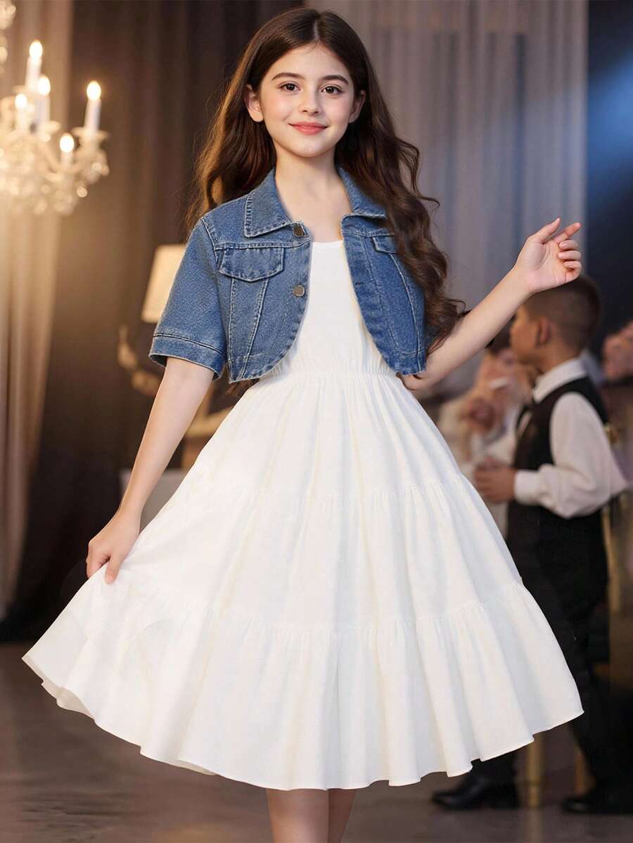 SHEIN Tween Girl Summer Daily Casual Denim Jacket And White Dress 2pcs/Set - Multicolor - View 1