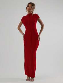 MUSERA Mock Neck Button Through Fitted Short Sleeve Cute Maxi Dress Summer Vacation Holiday Night Out Wedding Guest Elegant Date Long Graduation - Red - View 4