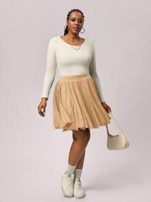 SHEIN Tall CURVE Plus Size Black Casual Loose A-Line Skirt, Fashionable, Black Ruffle Skirt, Shorts - Camel - View 5