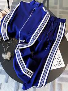 Franclia Fitted Stand Collar Cardigan + Casual Slant Pocket Pants - Blue - View 7