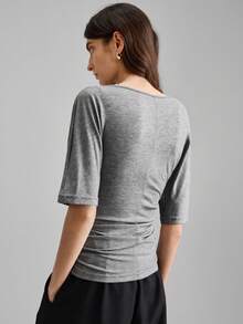 Ontre 2025 New Autumn Women's Draped Neck 3/4 Sleeve Top, Elegant Style, Material, Fabric, Knit Fabric, Ladies Business Casual T-Shirt, Office Commute Basic Blouse - Grey - View 3