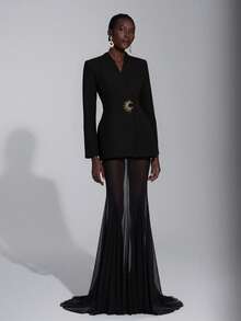 Elitara 优雅、浪漫、性感、简约、浅粉色、西装式廓形、鱼尾下摆、拖地、时尚、网红、假日、度假、生日派对、婚礼、正式晚宴礼服