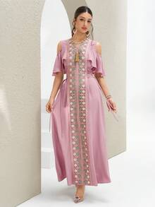 Al Najma Women's Solid Color Patchwork Fringe Detail Minimalist Long Arabic Style Dress, Arabian Dresses Romantic Young Pink Dress - Pink - View 7