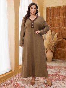 Lacomfia Plus Size Women Casual Loose Fit Crew Neck Textured Patchwork Maxi Sweater Dress, Autumn/Winter - Multicolor - View 4