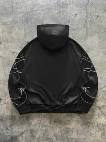 Manfinity NXTstreet 男士休闲印花保暖连帽卫衣，时尚街头风，适合日常通勤，秋冬季 - 黑色 - 查看 2