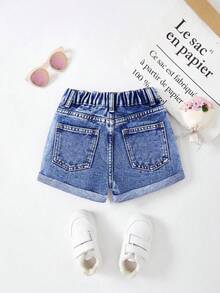 SHEIN Young Girl' Casual Versatile Wide Leg Loose Distressed Cuffed Denim Shorts - Medium Wash - View 2