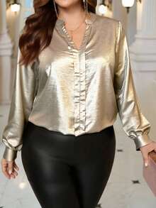 EMERY ROSE Plus Size Notched Collar Sequin Patchwork Elegant Long Sleeve Shirt/Fall/Winter - Gold - View 6