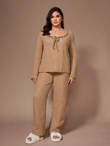 Lazeform Plus Size Women Gentle Knit Striped Long Sleeve Top And Pants Pajama Set - Brown - View 3