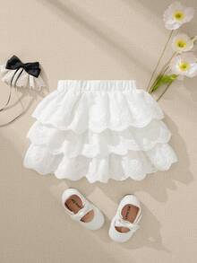 Souflis 法式复古新款精致女童休闲三层刺绣蕾丝边半身裙，适合日常、外出、购物及各种场合。 - 白色 - 查看 2