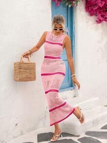 Vivid Eden Spring/Summer Outing Holiday Date Dresses, Spring/Summer Casual Vacation Round Neck Sleeveless Sweater Dress With Subtle Floral Stripes, Summer Beach Dresses, Back-To-School Outfits, Very Simple Outfits, Women's Country Style, Office Wear, Old Money Style, Teacher's Outfits, Date Outfits, Graduation Season Dresses, Women's Dresses, Spring/Summer Casual Dresses, Summer Valentine's Day Knitted Striped Dresses - Multicolor - View 8