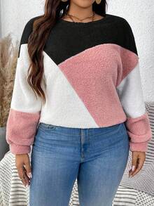 SHEIN LUNE Sudadera de cuello redondo de felpa con patchwork de color contrastante talla grande para invierno - Multicolor - Ver 5