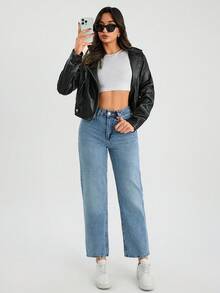 SHEIN Cottnline 高腰斜口袋雪花洗水妈妈牛仔裤 - 中等水洗藍 - 查看 4