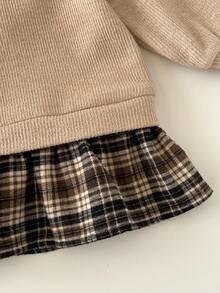 复古可爱格子长袖女婴连衣裙 - 杏色 - 查看 6