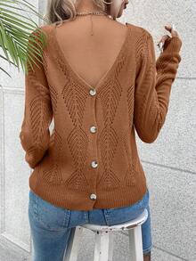 SHEIN LUNE 女士休闲纯色镂空V领落肩针织衫，秋冬季 - 鏽棕色 - 查看 6