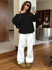 SHEIN EZwear 女士宽松斜肩保暖内衬运动衫，黑色，秋冬 - 黑色 - 查看 5