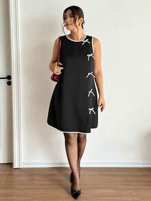 Lounesse Plus Size Elegant Black And White Summer Dress,Fitted Sleeveless Crew Neck Bowknot Side Slit Sundress For Women,Date Night Casual Spring Outfit - Black and White - View 6