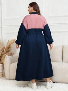 Modelyn Colorblock Drawstring Waist Zip Up Drop Shoulder Longline Dress Maxi Women Outfit - Navy Blue - View 7