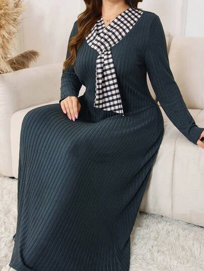 Lacomfia Women's Brushed Plaid V-Neck Long Sleeve Comfortable Casual Dress, Suitable For Home, Leisure And Outings, Minimalist And Elegant