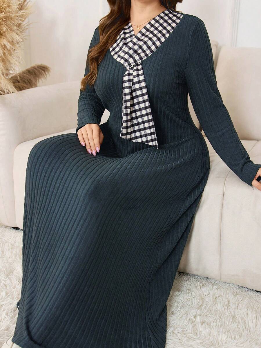 Lacomfia 女士磨毛格纹V领长袖舒适休闲连衣裙,适合居家、休闲和外出穿着,简约优雅 - 藏蓝色 - 查看 1