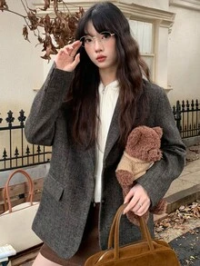 K-Vae 女士人字纹翻领长袖休闲宽松西装外套 - 卡其色 - 查看 1