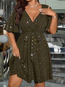 SHEIN Clasi Plus Size Women Laser Sequin Waist Flattering Elegant Light Cocktail Dress - Army Green - View 4