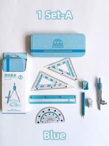 3件套几何数学绘图工具，包含4件：尺子、圆规、铅笔、橡皮、卷笔刀，是学校、学生、圣诞节礼物和返校季的理想文具套装。