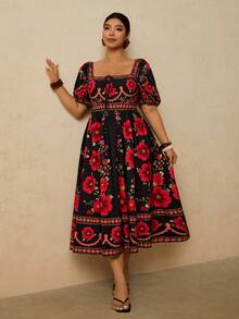 Travachic Plus Size Elegant Princess Dress For Women,Black And Red Colorful Floral Print Puff Sleeve Boho Summer Holiday Tea Party Vacation Resort Wear Outfit - Black - View 6