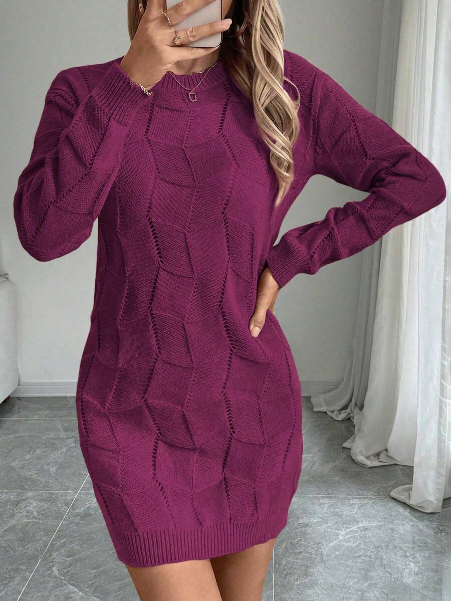 EMERY ROSE Women's Loose Casual Round Neck Drop Shoulder Long Sleeve Knitted Sweater Dress, Autumn/Winter