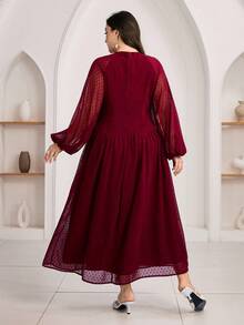 Veilorie Plus Size Solid Color Minimalist Long Sleeve Casual Dress - Burgundy - View 2