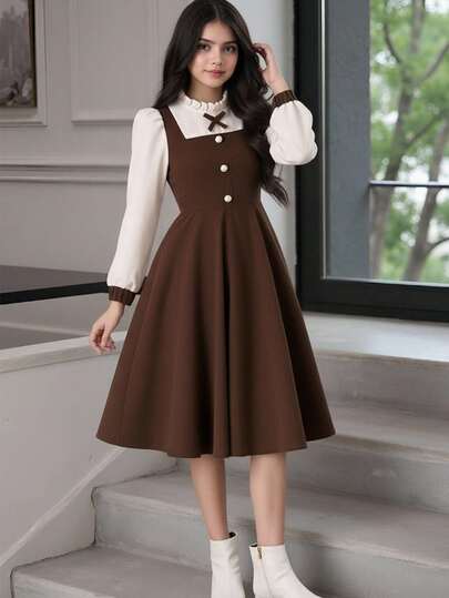 SHEIN Girls' Elegant Ruffle Collar Long Sleeve 2 In 1 Color Block Dress, Suitable For Spring/Autumn Travel, Vacation Or Formal Occasions