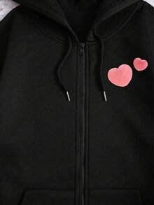 Sudadera con capucha de cierre completo  con estampado de corazones rosas para uso diario y ocasiones casuales - Negro - Ver 2