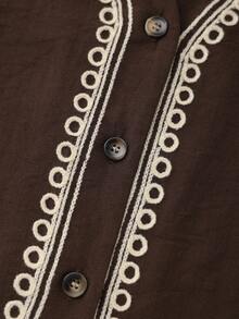 Chiquease 女士时尚休闲宽松荷叶边V领刺绣上衣和阔腿裤两件套，长袖，秋季 - 棕色 - 查看 5