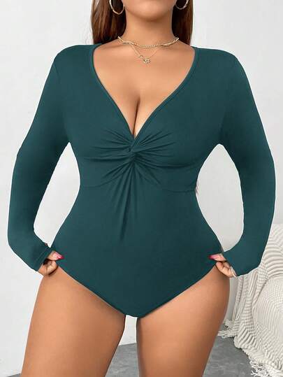 SHEIN Essnce Plus Size Women's Tights, Black, Ladies Bodysuit Body Suit Long Sleeve, Black Long Sleeve Long Sleeve Shirt Women