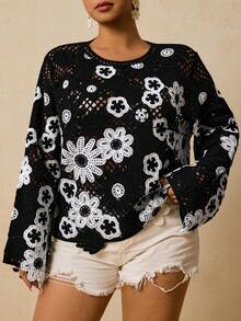 Travachic 加大码黑白镂空钩针长袖针织毛衣，轻薄春季女式上衣，适合海滩度假休闲穿着，黑色上衣，冬季款 - 黑與白 - 查看 1