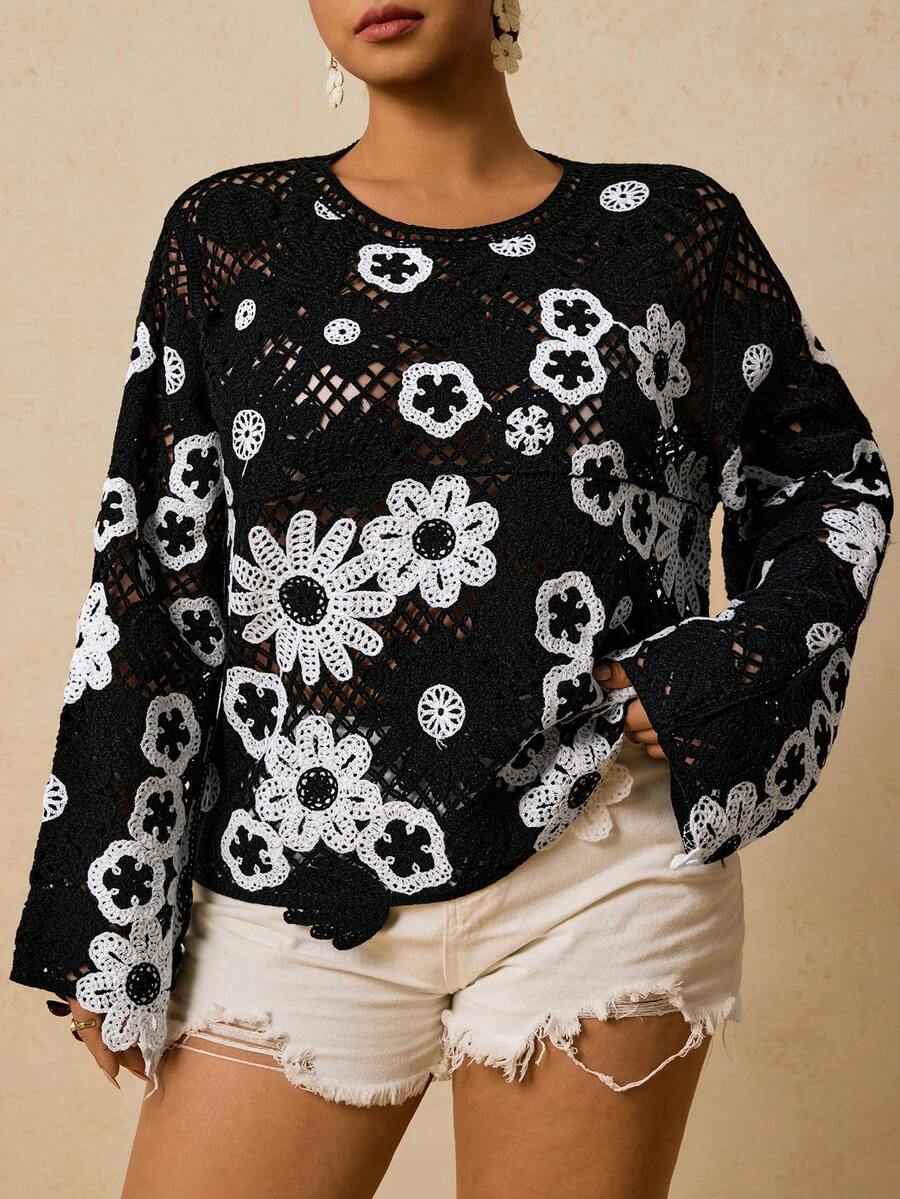 Travachic 加大码黑白镂空钩针长袖针织毛衣，轻薄春季女式上衣，适合海滩度假休闲穿着，黑色上衣，冬季款 - 黑與白 - 查看 1