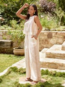 KARISMINA 女士米色底卡其条纹印花圆领背心和口袋裤休闲浪漫度假两件套 - 米色 - 查看 4