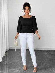 SHEIN Tall CURVE 大码女式针织高弹喇叭袖圆领纯色优雅T恤 - 黑色 - 查看 4