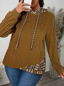 SHEIN LUNE 柔软磨毛格纹撞色下摆卫衣，大码秋季女式上衣，棕色长袖卫衣，棕色上衣，棕色长袖上衣 - 棕色 - 查看 1