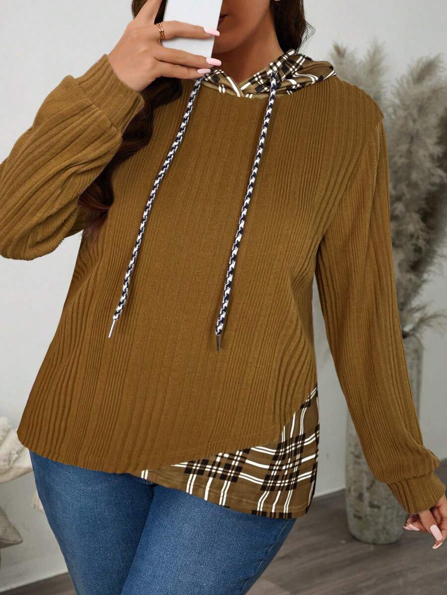 SHEIN LUNE 柔软磨毛格纹撞色下摆卫衣，大码秋季女式上衣，棕色长袖卫衣，棕色上衣，棕色长袖上衣 - 棕色 - 查看 1