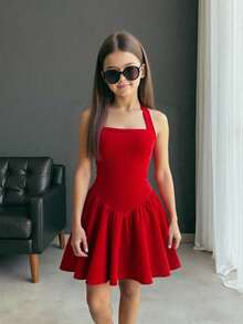 SHEIN Tween Girls Halter Neck Velvet Waist Cinched Dress, Elegant For Holiday Party And Ceremony - Burgundy - View 1